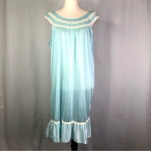 VINTAGE unbranded nightie sky blue nylon ruched neckline lace semi sheer sissy